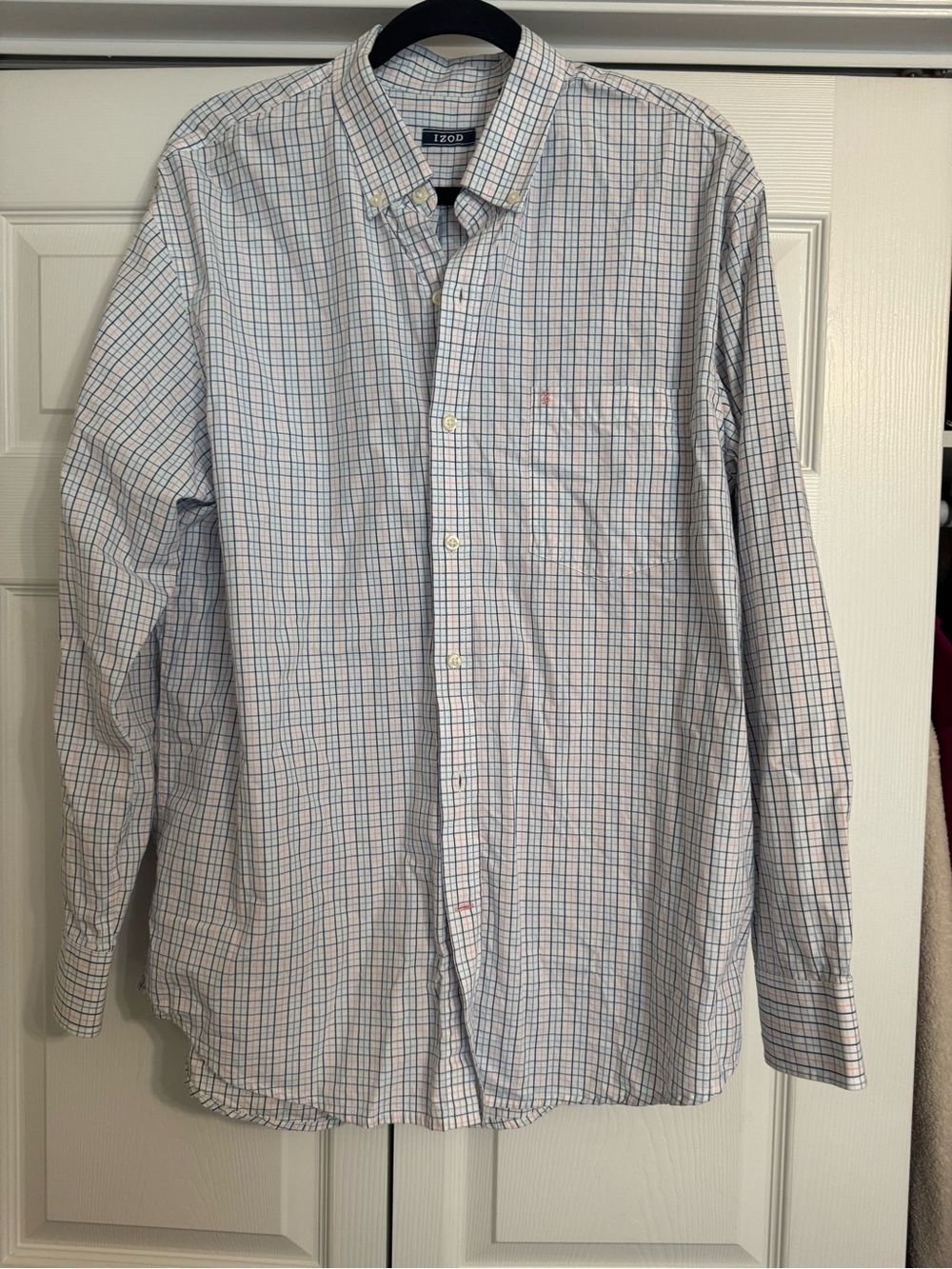 Izod White Button-Down Shirt with Blue & Red Windowpane
